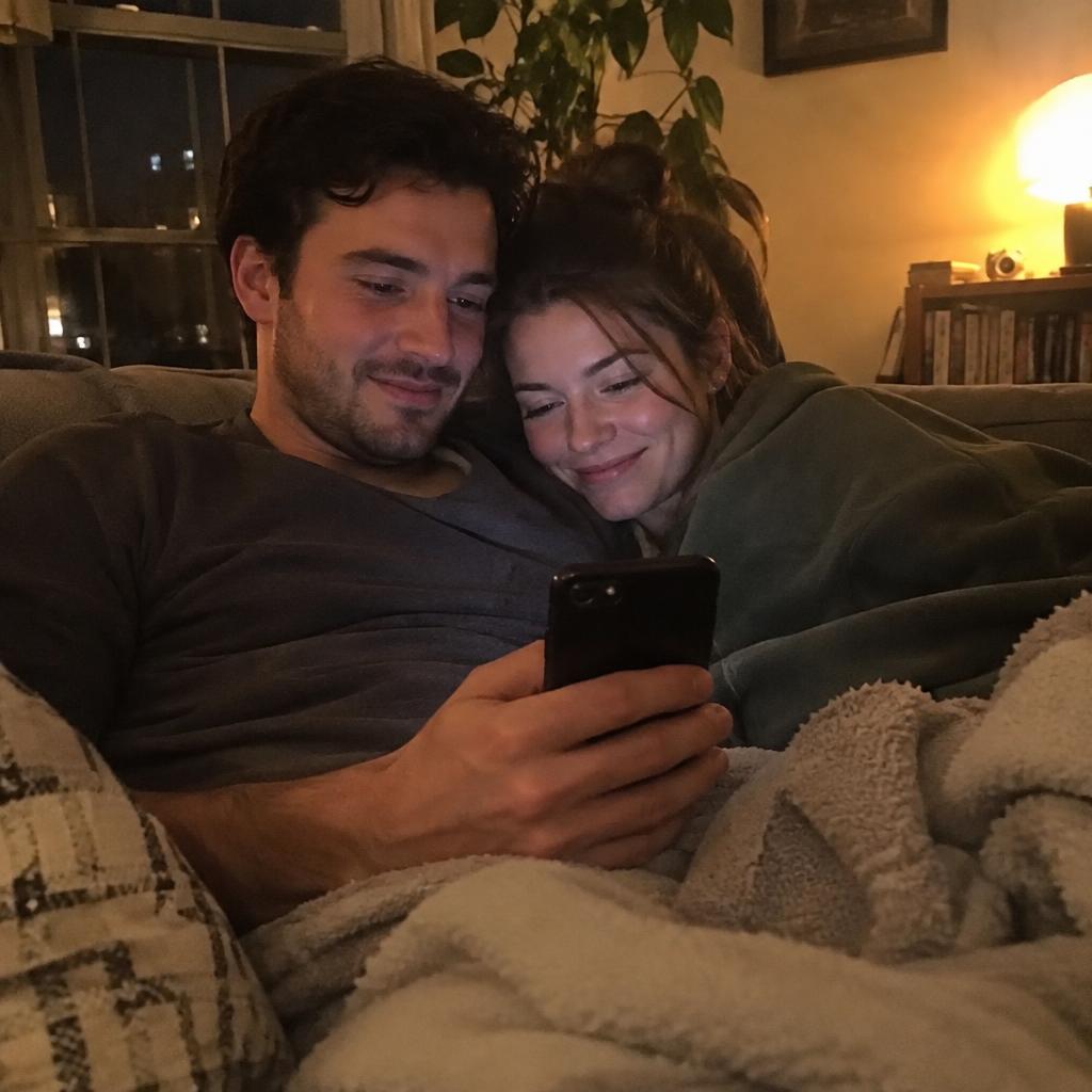 A candid snapshot of a couple cuddled on a sofa at night, reading something on a phone together